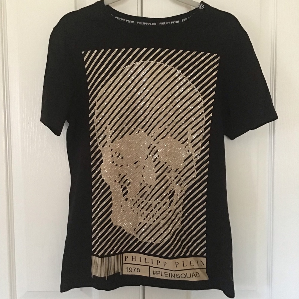 Philipp Plein gold sequin skull shirt with logo M